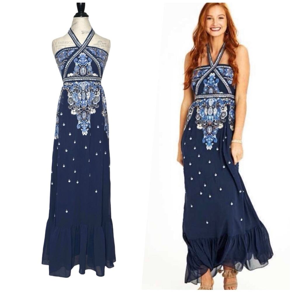 Altar’d State | Women | Corabeth Embroidered Blue Halter Neck Maxi Dress | Small - Picture 1 of 16